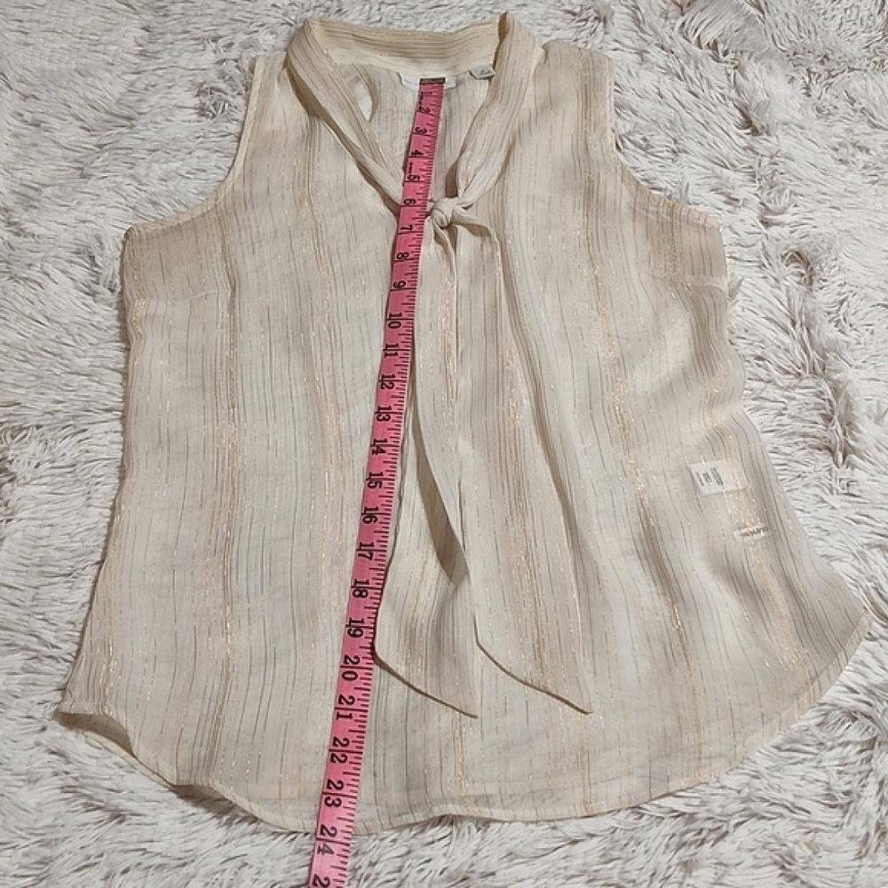 New York & Company Sheer Sleeveless Tie Neck Top Cream Gold Twee Metallic XS - Picture 7 of 10